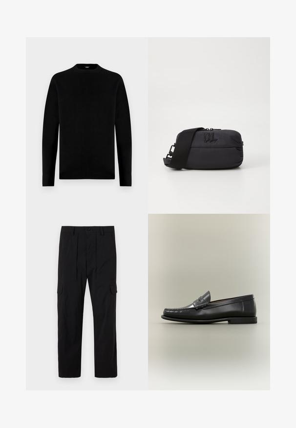 Sudadera negra de manga larga con cuello redondo, de diseño sencillo y sólido, con una pequeña etiqueta de la marca en el interior del cuello.; Pantalones cargo negros hechos de tejido ligero, con un diseño de pierna recta, pliegues delanteros, bolsillos laterales y cierre de botón.; Mocasín de hombre de cuero negro con diseño moc-toe, tira de tipo penny y tacón bajo sobre fondo neutro.; Bolsa cruzada de nylon negro con una textura suave, cierre de cremallera, correa ajustable y detalle de logo embossado en la parte frontal.