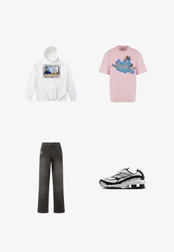 Sweat-shirt à capuche blanche avec un grand design d'une carte d'identité imprimée en bleu, jaune et noir, doté d'une poche avant et d'un cordon de serrage.; T-shirt rose pâle à manches courtes avec un texte bleu style graffiti et trois petits chérubins avec des arcs imprimés sur la poitrine.; Pantalons en denim noir à coupe décontractée, présentant des panneaux côtelés contrastants et des détails brodés à l'avant. Design à jambe droite.; Baskets athlétiques blanches et noires avec dessus en mesh, logo Nike, et double amorti à ressort dans la zone du talon de la semelle.