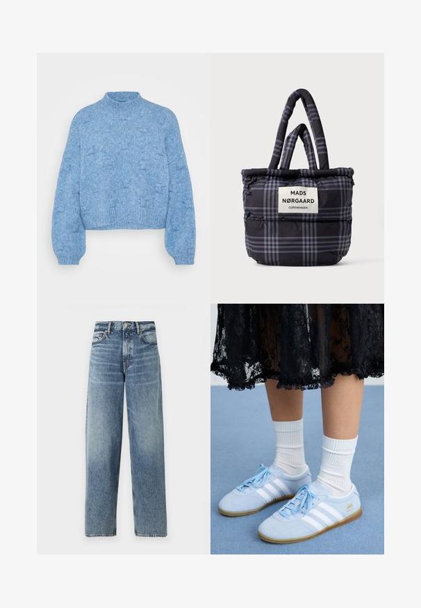 Vero Moda Petite VMGAIL HIGHNECK - Pullover - allure melange; Jeans en denim bleu clair avec une coupe droite, taille haute et un léger délavage. Comprend cinq poches et une fermeture à bouton.; Des baskets bleu clair avec des rayures blanches et des chaussettes blanches, portées avec une jupe en dentelle noire, sur une surface de moquette bleue.; Sac fourre-tout à carreaux noir et gris avec texture matelassée, doubles poignées supérieures et une étiquette affichant "MADS NØRGAARD COPENHAGUE." Design léger.
