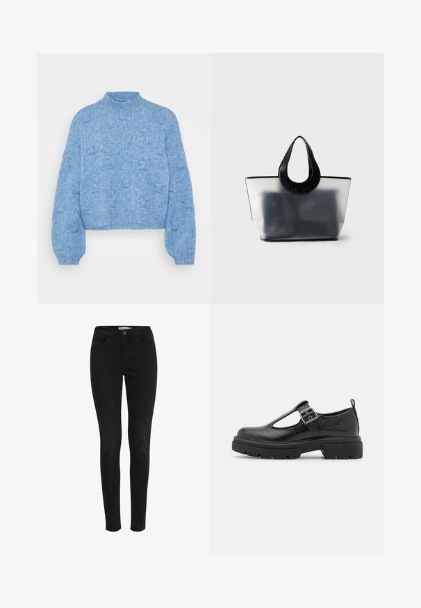 Vero Moda Petite VMGAIL HIGHNECK - Pullover - allure melange; Jean skinny noirs en denim, avec poches avant, une ceinture avec passants et une texture lisse. Pas de motifs ni d'accents visibles.; Chaussure en simili cuir noir avec texture crocodile, bout arrondi, bride à la cheville avec boucle métallique et semelle en caoutchouc épaisse.; Sac tote gris translucide avec poignées noires arrondies embossées du nom de la marque, montrant un contenu sombre flou à l'intérieur.