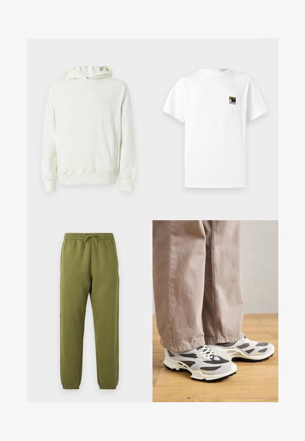 Weißer Pullover-Hoodie mit langen Ärmeln, vordertasche und dezent eingraviertem Logo auf der linken Brust.; Weißes Baumwoll-T-Shirt mit kurzen Ärmeln und einer Brusttasche, die ein Berglogo in Schwarz und Gold zeigt. Einfaches, schmuckloses Design.; Olivgrüne Fleece-Jogginghose mit elastischem Bund und Bündchen am Knöchel sowie einem Tunnelzug in der Taille.; Person, der beiger weit geschnittener Hose und grau-weißen Sneakern steht auf einem Holzboden.
