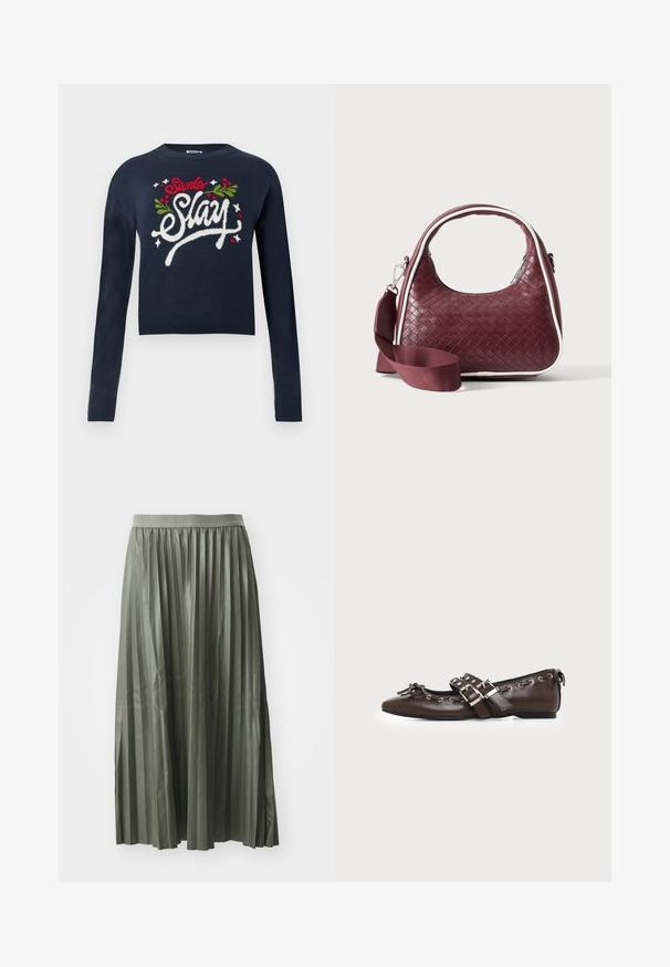 Marineblå cropped sweater med lange ærmer. Har teksten "Santa Slay" broderet i hvid, rød og grøn med misteltein accenter. Blød strikstruktur.; Plisseret midi-nederdel i dæmpet grøn, lavet af glat stof. Har en elastisk talje og falder til midt på læggen med jævnt fordelte lodrette plisseringer.; Mørkebrune lædersko med flad sål og spids snude, dobbelt sølvsnørrebånd, metaløjer og dekorativ sløjfe foran.; Mørkerød vævet lædertaske med buet hank, hvid kant, sølv lynlås og aftagelig bred stofskulderrem mod en ensfarvet baggrund.