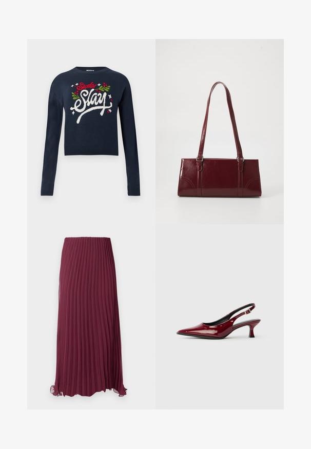 Marineblå cropped sweater med lange ærmer. Har teksten "Santa Slay" broderet i hvid, rød og grøn med misteltein accenter. Blød strikstruktur.; Lang burgunderfarvet plisseret nederdel lavet af letvægtsstof med elastisk talje og en let flæset kant. Teksturerede lodrette plisseringer overalt.; Bordeaux patenteret læder slingback hæle med spids tå og en slank stiletto hæl. Åben rygdesign med justerbar ankelrem.; Bordeaux håndtaske lavet af glansfuldt materiale, rektangulær form, med to skulderremme og subtile buede detaljer på forsiden.