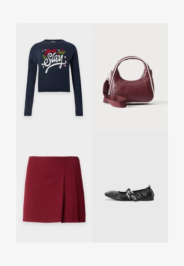 Pull en laine bleu marine, court, à manches longues. Présente un texte brodé en blanc, rouge et vert "Santa Slay" avec des accents de houx. Texture douce en maille.; Jupe mini plissée bordeaux avec une texture lisse, taille ajustée et fermeture à glissière sur le côté. Design simple et minimaliste sans motifs.; Chaussure plate en cuir noir avec un nez pointu, des détails froncés autour de l'ouverture et un accent en boucle argentée sur la bride ajustable.; Sac à main en cuir tressé marron foncé avec poignée courbée, garniture blanche, fermeture éclair argentée et bandoulière large en tissu amovible sur fond uni.