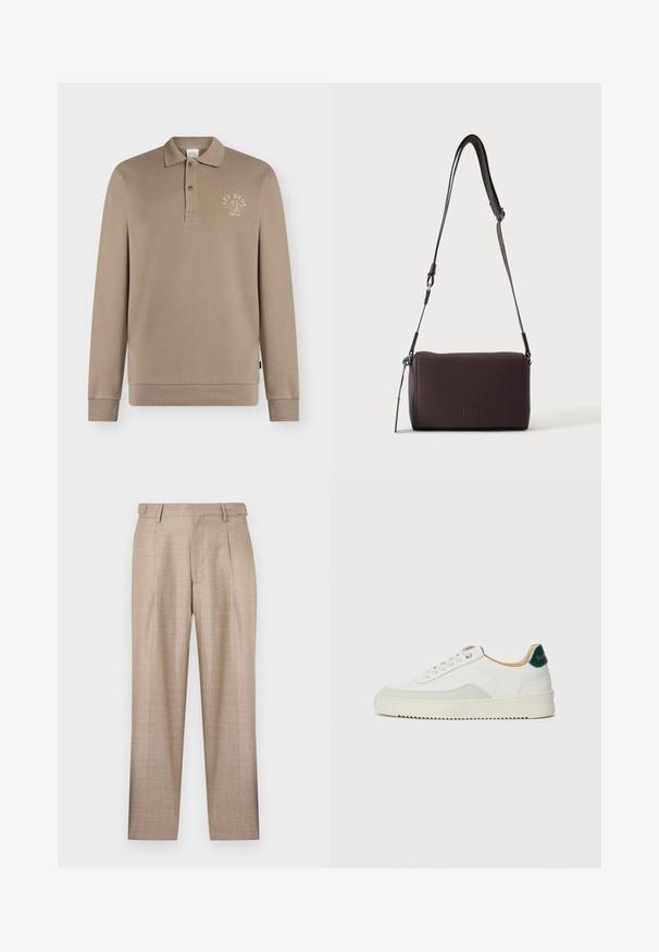 Polo beige à manches longues avec col boutonné et petit logo "LES DEUX" sur la poitrine gauche.; Pantalon beige sur mesure avec plis à l'avant, passants de ceinture et coupe droite, présenté sur un fond blanc.; Baskets blanches avec des accents en daim, bout arrondi, lacets plats et semelle en caoutchouc crème. Présente une marque verte sur le talon.; Sac bandoulière en cuir marron foncé texturé avec une sangle réglable et un petit accent décoratif bleu sur le côté.