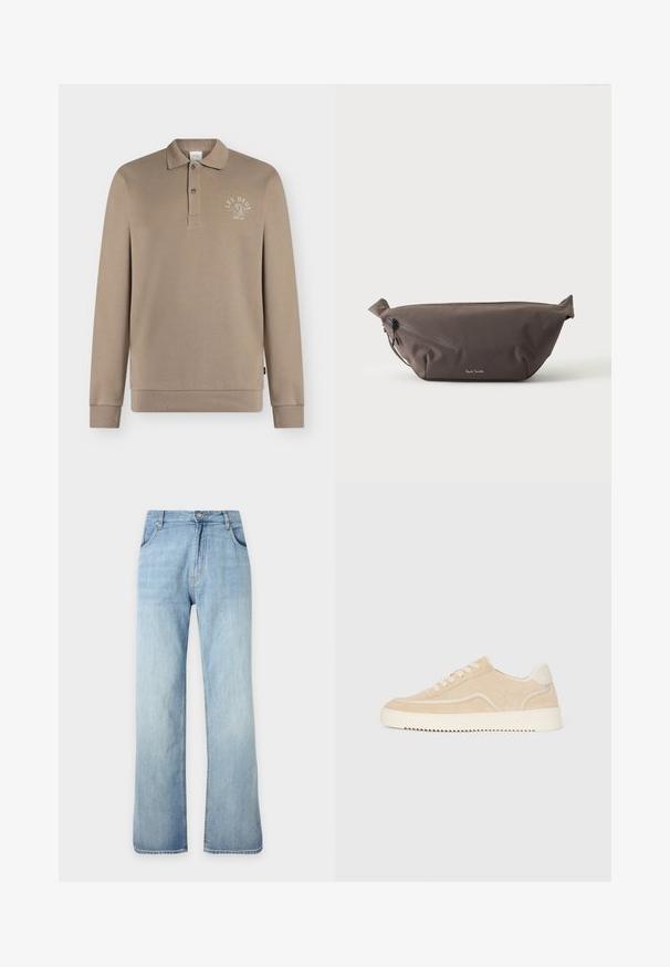 Polo beige à manches longues avec col boutonné et petit logo "LES DEUX" sur la poitrine gauche.; Jean denim bleu clair à coupe droite avec fermeture avant à boutons et zip, poches avant et passants de ceinture, présenté sur un fond uni.; Baskets en daim beige avec semelle et lacets blancs, design basse, et motif de semelle en zigzag.; Sac banane en tissu marron foncé avec poche zippée en diagonale et petit logo blanc sur le devant, sur un fond clair uni.