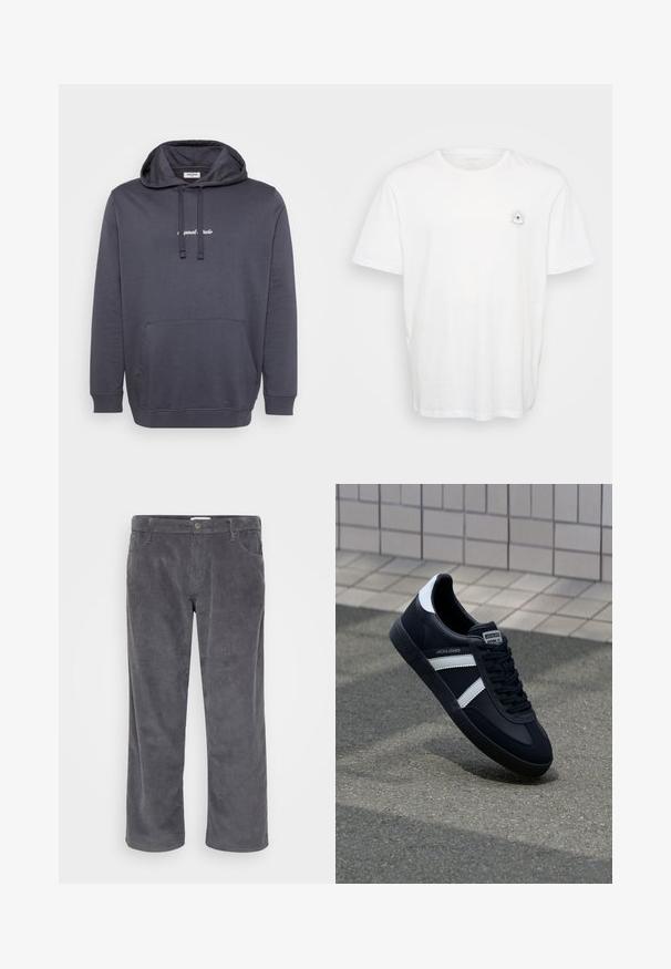 Mørkegrå hættetrøje med frontlomme, snoretræk til hætten og lille hvid tekst centreret på brystet.; Hvid bomulds t-shirt med rund halsudskæring og korte ærmer. Bemærkelsesværdigt grafisk design af et øje omgivet af stråler på venstre bryst.; Grå kordfløjlsbukser med lige ben-design, der har forlommer og en diskret ribbet tekstur. Ingen synlig branding eller accenter.; Sort lædersneaker med hvide striber, tekstureret gummisål og snørrebånd foran. Har et brandet mærke på tungen.