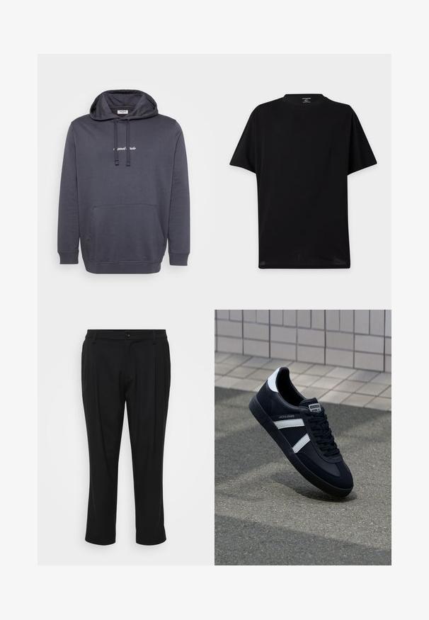Mørkegrå hættetrøje med frontlomme, snoretræk til hætten og lille hvid tekst centreret på brystet.; Ensfarvet sort T-shirt med korte ærmer og rund hals uden synlige logoer eller designs vist mod en lys baggrund.; Sorte skræddersyede bukser med lige bendesign. Fremstillet af et glat stof, med knaplukning og to forlommer.; Sort lædersneaker med hvide striber, tekstureret gummisål og snørrebånd foran. Har et brandet mærke på tungen.
