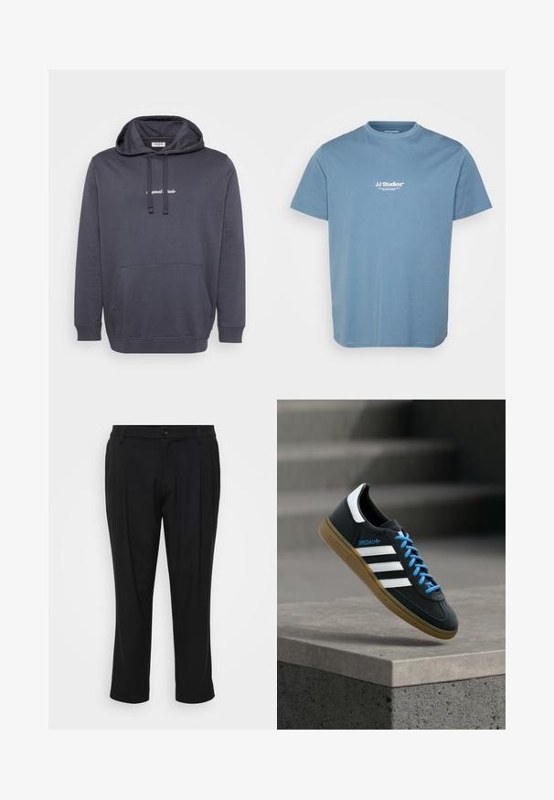 Mørkegrå hættetrøje med frontlomme, snoretræk til hætten og lille hvid tekst centreret på brystet.; Lyseblå T-shirt med korte ærmer med hvid tekstlogo "JJ Studios" centreret på brystet, rund halsudskæring og enkelt bomuldstof.; Sorte skræddersyede bukser med lige bendesign. Fremstillet af et glat stof, med knaplukning og to forlommer.; Sort Adidas sneaker med hvide striber, blå snørebånd og gummisål, der svæver over gråt betontrin i blødt lys.