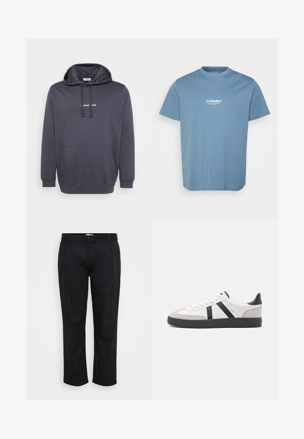 Mørkegrå hættetrøje med frontlomme, snoretræk til hætten og lille hvid tekst centreret på brystet.; Lyseblå T-shirt med korte ærmer med hvid tekstlogo "JJ Studios" centreret på brystet, rund halsudskæring og enkelt bomuldstof.; Jack & Jones Wide-leg Plus Size Wide Leg Fit - Bukser - black; Hvide sneakers med sorte og grå detaljer, med en tekstureret grå tåhætte, sort gummisål og flade hvide snørebånd. Rent design, minimalistisk stil.