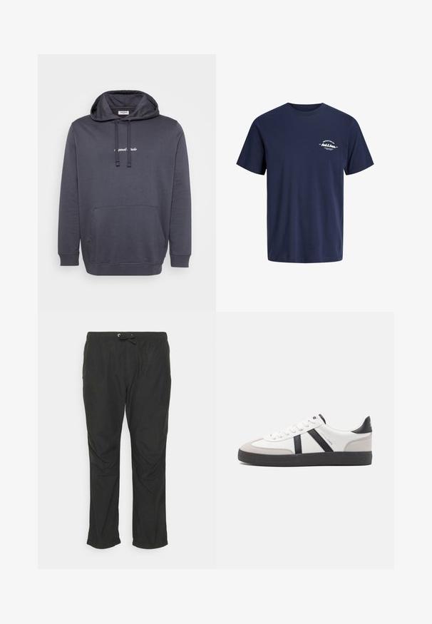 Mørkegrå hættetrøje med frontlomme, snoretræk til hætten og lille hvid tekst centreret på brystet.; Mørkeblå t-shirt med korte ærmer og rund hals med lille hvid tekst "Definition of Jack & Jones" på venstre bryst.; Jack & Jones JPSTPARACHUTE JJPANT - Bukser - black; Hvide sneakers med sorte og grå detaljer, med en tekstureret grå tåhætte, sort gummisål og flade hvide snørebånd. Rent design, minimalistisk stil.