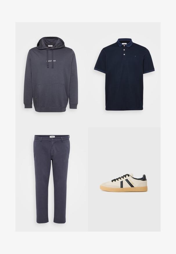 Mørkegrå hættetrøje med frontlomme, snoretræk til hætten og lille hvid tekst centreret på brystet.; Marineblå polo shirt lavet af blødt stof, med klassisk krave, tre-knap lukning og kontraststribede detaljer på ærmerne.; Mørkeblå bukser lavet af glat stof med en slim fit, der har frontlommer, knaplukning og en simpel afslutning ved kanten.; Casual sneakers i creme med sorte striber, med en tekstureret overdel og sål i gummigummi. Snørebåndene er sorte. Diskret logo på siden.
