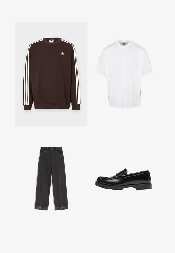 Mørkebrun Adidas-sweatshirt med hvide tre striber langs ærmerne og hvid Adidas trebladet logo på brystet.; Hvid bomulds T-shirt med en afslappet pasform, korte ærmer og rund halsudskæring, med en lige kant og ingen synlige grafikker eller mønstre.; Sorte viddebukser i jeans med høj talje, forlommer, frynser på kanten og subtilt "ODD SUPPLY"-logo på højre lommeområde.; Sort læderloafer med en kraftig gummisål og klassiske penny-strap detaljer, vist fra ydersiden.