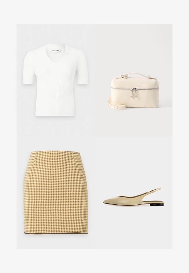 Haut tricoté blanc à manches courtes côtelées avec un col en V et un col, affichant une étiquette Lacoste à l'intérieur de l'encolure.; Jupe crayon à motif pied-de-poule beige et marron, avec une silhouette ajustée et un bord marron foncé à l'ourlet.; Chaussure plate beige à bout pointu avec bride arrière, petit talon noir et finition en cuir lisse, vue de côté sur un fond uni.; Sac rectangulaire en cuir crème avec double fermeture éclair argentée, poignée supérieure et bandoulière réglable sur fond blanc uni.