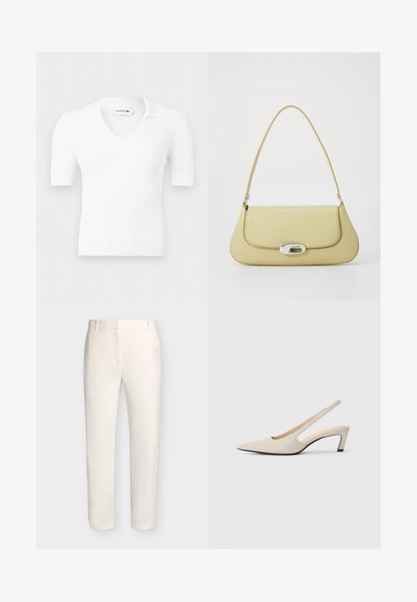 Haut tricoté blanc à manches courtes côtelées avec un col en V et un col, affichant une étiquette Lacoste à l'intérieur de l'encolure.; Pantalon blanc sur mesure avec passants de ceinture et coupe slim, présenté sur un fond clair uni.; Escarpins beige à bride arrière avec un bout pointu, côtés ouverts et petit talon bloc. Texture en cuir lisse et design minimaliste.; Sac à main en cuir jaune de forme arrondie, avec une seule bandoulière et un fermoir oval en métal argenté portant le nom de la marque.