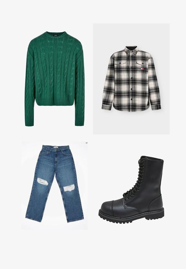Grøn kabelstrikket sweater med rund hals og lange ærmer. Har et cropped design og struktureret mønster hele vejen igennem.; Sort-hvid ternet langærmet knap-op skjorte med to brystlommer og et lille rødt, hvidt og blåt logo-patch på den venstre lomme.; Lyseblå denimjeans med lige ben, der har to slidte knælapper og standard fem-lomme design.; Sort læder kampstøvle med høj skaft, snørebånd foran, polstret krave og en robust tekstureret sål for godt greb. Har forstærket tåhætte.