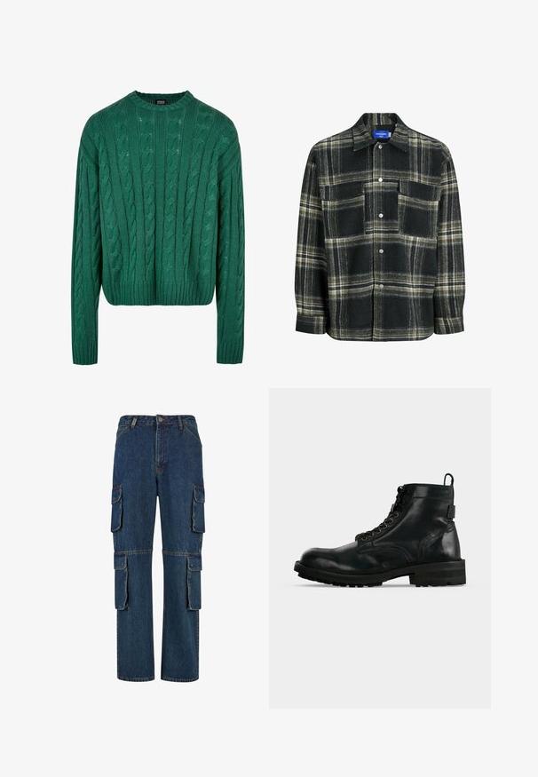 Grøn kabelstrikket sweater med rund hals og lange ærmer. Har et cropped design og struktureret mønster hele vejen igennem.; Sort og grøn ternet skjorte lavet af uldlignende materiale, med knaplukning foran, krave, to brystlommer og lange ærmer.; Mørkeblå denim cargo bukser med flere sidelommer, lige ben-design og kontrasterende syninger. Holdbart stof med en klassisk pasform.; Sort læder ankelstøvle med snøre, tyk sål og trækstrop bagpå, vist i sideprofil på hvid baggrund.