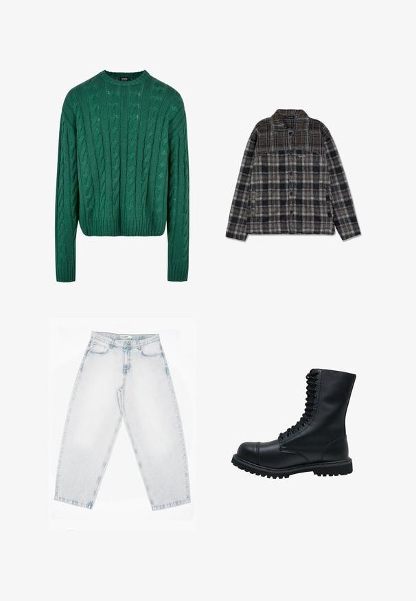 Grøn kabelstrikket sweater med rund hals og lange ærmer. Har et cropped design og struktureret mønster hele vejen igennem.; Plaid flannel skjortejakke med jordfarver i brun, sort og grå, med knaplukning fortil, to sidelommer og en blød tekstur.; Lyseblå denimjeans med høj talje, lige brede ben, knap- og lynlåslukning samt lommer foran og bagpå.; Sort læder snørebåndsstøvle med rund tå, høj skaft, tyk gummisål og struktureret overflade. Har forstærket syning langs sømmene.