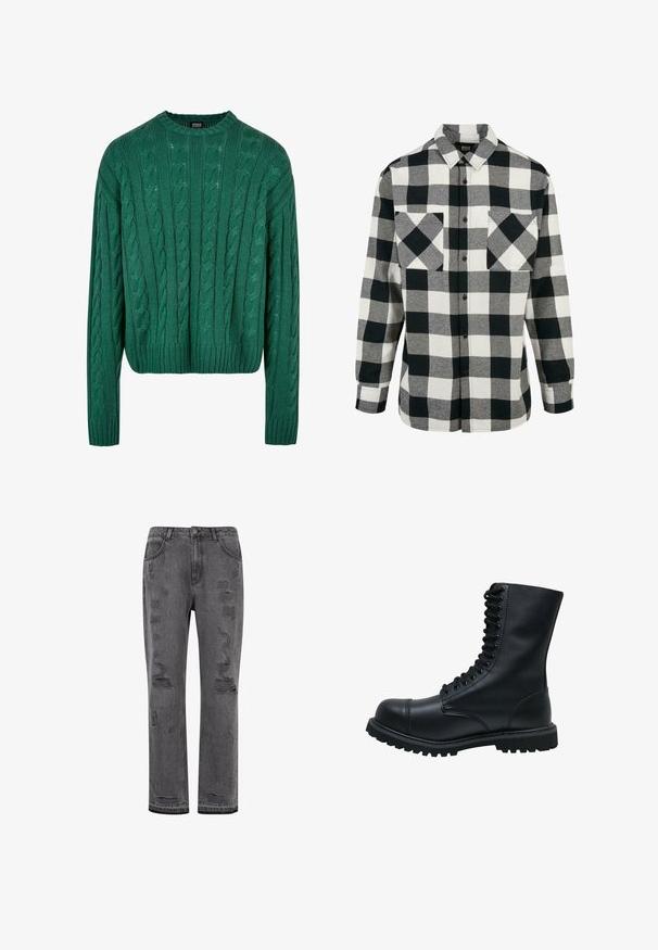 Grøn kabelstrikket sweater med rund hals og lange ærmer. Har et cropped design og struktureret mønster hele vejen igennem.; Sort og hvid flannel skjorte med et stort ternet mønster, lange ærmer, knaplukning foran og to brystlomme. Lavet af blødt stof.; Grå denim straight-leg jeans med slidte detaljer, der har synlige rifter og en let frynset kant samt sølvfarvet knaplukning.; Sort læder snørebåndsstøvle med rund tå, høj skaft, tyk gummisål og struktureret overflade. Har forstærket syning langs sømmene.