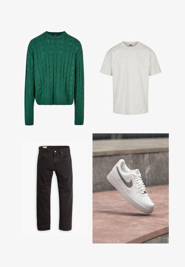 Suéter verde de punto trenzado con cuello redondo y mangas largas. Presenta un diseño corto y un patrón texturizado en toda la prenda.; Camiseta de algodón gris claro con mangas cortas, cuello redondo y un ajuste relajado. Tejido texturizado con un sutil patrón jaspeado.; Jeans de denim negro con corte recto, que presentan un diseño clásico de cinco bolsillos, costuras sutiles y cierre de botón metálico.; Zapatilla blanca Nike Air Force 1 con logo swoosh gris flotando sobre una superficie de piedra y un fondo de pared de piedra gris.