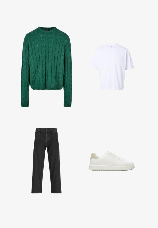 Pull en tricot vert avec un col rond et des manches longues. Présente un design court et un motif texturé sur l'ensemble.; T-shirt blanc uni en coton à manches courtes, col rond, coupe ample et étiquette de marque Urban Classic à l'intérieur du col.; Jean en denim noir avec une coupe droite, dotée d'une fermeture éclair, de passants de ceinture et de six poches, confectionnée dans un tissu en coton robuste.; Baskets blanches en cuir lisse avec un accent beige texturé au talon, dotées de lacets ronds, d'un design profil bas et d'une semelle extérieure en caoutchouc.