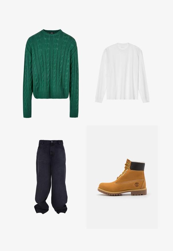 Suéter verde de punto trenzado con cuello redondo y mangas largas. Presenta un diseño corto y un patrón texturizado en toda la prenda.; Camiseta blanca de algodón de manga larga con cuello redondo, con puños acanalados y dobladillo recto, textura suave y diseño minimalista.; Vaqueros negros oversize y holgados con cierre delantero de botón y cremallera, bolsillos frontales y perneras anchas y sueltas.; Botín de cuero marrón con ojales de metal, forro de piel sintética blanca, cuello acolchado negro, suela resistente y logotipo en relieve en el costado.