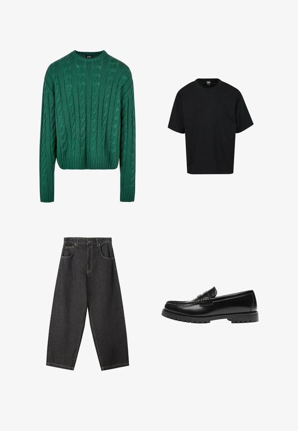 Grøn kabelstrikket sweater med rund hals og lange ærmer. Har et cropped design og struktureret mønster hele vejen igennem.; Sort kortærmet t-shirt lavet af bomuld, med rund halsudskæring og en afslappet pasform. Ingen mønstre eller bemærkelsesværdige accenter.; Sorte denim brede bukser med gule sømme, fem-lomme-design og en mid-rise talje. Struktureret stof med en glat overflade.; Sort læderloafer med en kraftig gummisål og klassiske penny-strap detaljer, vist fra ydersiden.