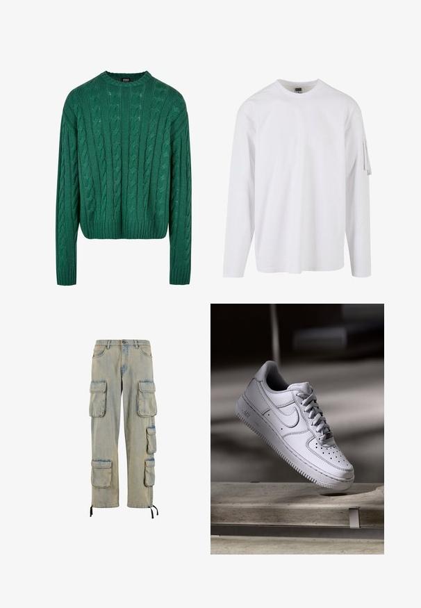 Pull en tricot vert avec un col rond et des manches longues. Présente un design court et un motif texturé sur l'ensemble.; T-shirt blanc à manches longues en tissu doux, avec un col rond et une poche zippée sur la manche gauche.; Pantalons cargo bleu clair en denim, dotés de plusieurs poches latérales, d'une coupe décontractée, de liens ajustables aux chevilles et d'une texture décolorée.; La basket Nike Air Force 1 en cuir blanc présente un embout perforé, des lacets plats et une semelle en caoutchouc texturée avec le logo « AIR » sur le côté.