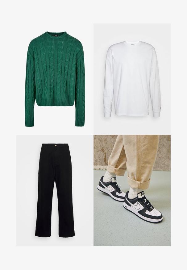 Suéter verde de punto trenzado con cuello redondo y mangas largas. Presenta un diseño corto y un patrón texturizado en toda la prenda.; Camiseta blanca de manga larga hecha de algodón. Diseño de cuello redondo con puños acanalados y un pequeño logo en la manga izquierda. Textura suave.; Pantalones negros de tela pesada, con un diseño de pierna recta, bolsillos frontales, cierre de cremallera y un solo botón metálico.; Zapatillas Nike Air Force 1 en blanco y negro con parte superior de cuero, puntera perforada y detalle de suela texturizada, combinadas con pantalones beiges remangados y calcetines blancos.