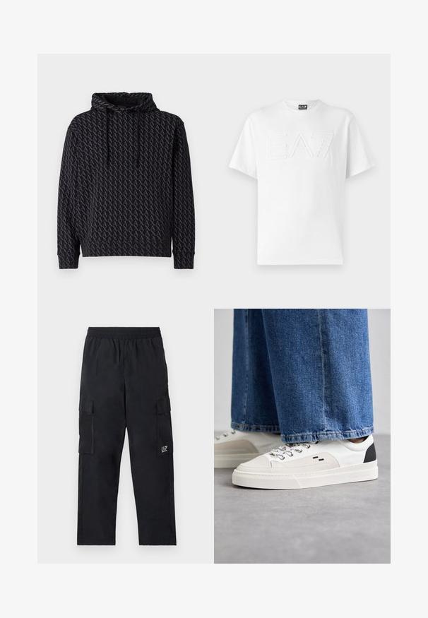 Zwarte hoodie met een herhalend grijs logo-patroon, voorzien van een trekkoordcapuchon en geribbelde mouwen en zoom.; Witte katoenen t-shirt met een ronde hals, voorzien van een verhoogd reliëf "EA7" logo op de voorkant en korte mouwen.; Zwarte cargobroek met een elastische tailleband, zijzakken en een klein logo op het linkerbeen. Gemaakt van lichtgewicht, soepel materiaal.; Witte en zwarte sneakers met een glad leren bovenwerk, textuuraccenten en een chunky witte zool. Heeft een klassiek vetersluiting ontwerp.
