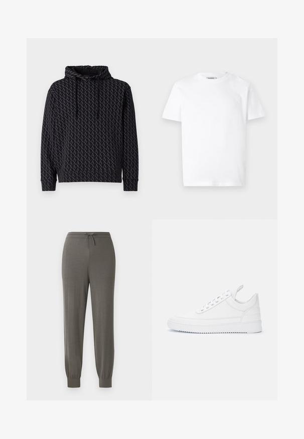 Sweatshirt à capuche noir présentant un motif de logo gris répétitif, avec une capuche à cordon de serrage et des poignets et un ourlet côtelés.; T-shirt en coton blanc avec un col rond et des manches courtes. Présente un petit logo en relief sur la poitrine gauche. Texture lisse.; Pantalons de jogging gris avec une taille à cordon, des poignets effilés, une texture de tissu douce et un design lisse et minimaliste.; Baskets basses blanches à fermeture lacée, détails surpiqués, languette au talon et semelle crantée sur un fond clair uni.
