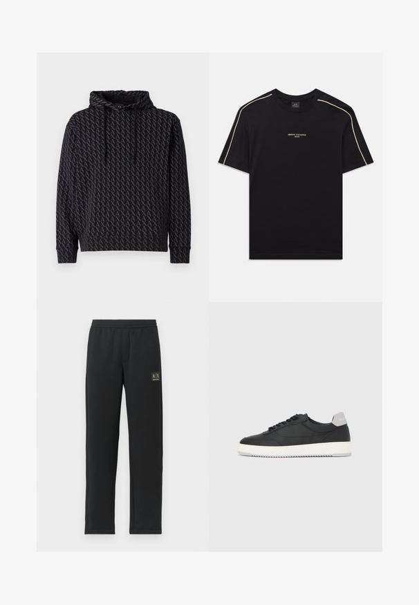 Hættetrøje i sort med et gentaget gråt logo-mønster, med snor til hætten og ribbede manchetter og kant.; Sort bomulds t-shirt med korte ærmer, rund hals, beige kontrastsyninger på skuldrene og ARMANI EXCHANGE-logoen i midten.; Sorte sweatpants med lige ben, elastisk talje og sort logo-patch på venstre lår.; Sort lavtop-sneakers med hvid sål og grå hælkappe, set fra siden på en helt hvid baggrund.