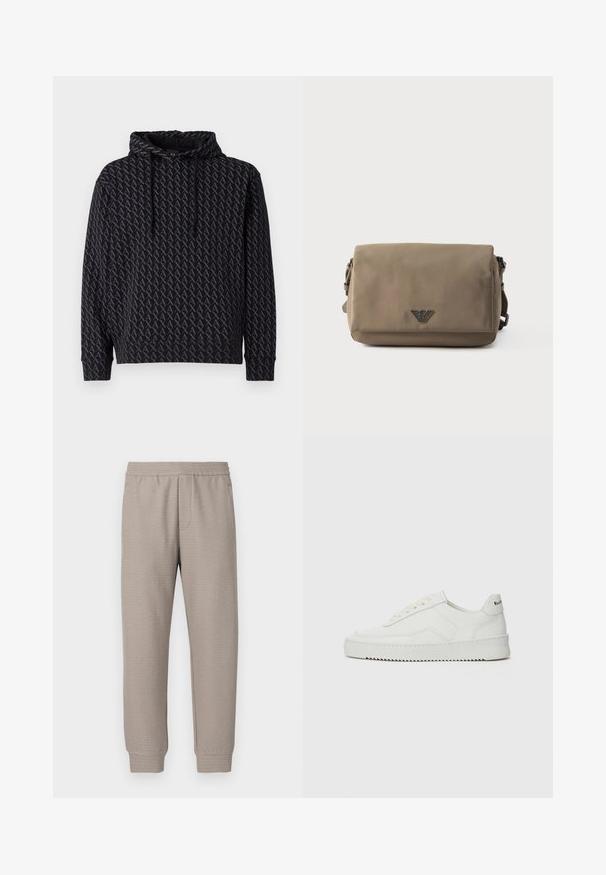 Hættetrøje i sort med et gentaget gråt logo-mønster, med snor til hætten og ribbede manchetter og kant.; Beige sweatpants med konisk snit, lavet af blødt stof med elastisk taljebånd og diskret teksturmønster over hele. Designet til komfort og alsidighed.; Hvide lædersneakers med en glat overflade, rund tå, flade snørebånd og en tekstureret sål. Har et diskret logo på hælen.; Rektangulær taupe crossbody-taske med klaplukning og lille metal logoemblem centreret på forsiden mod en hvid baggrund.