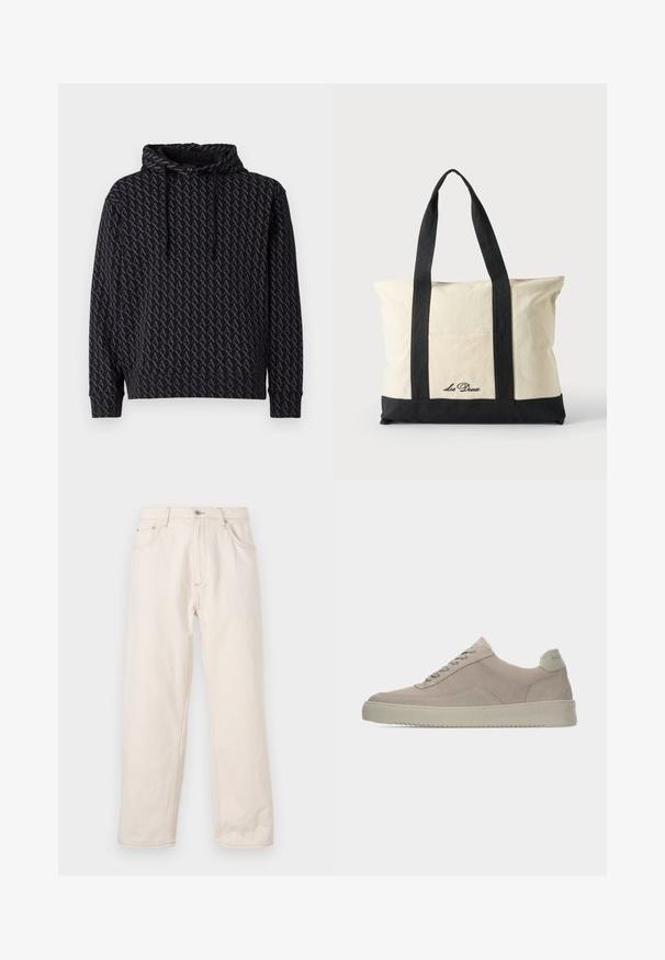 Sweatshirt à capuche noir présentant un motif de logo gris répétitif, avec une capuche à cordon de serrage et des poignets et un ourlet côtelés.; Jean droit beige en denim, avec une fermeture à boutons, cinq poches et des détails de couture visibles. Texture lisse.; Baskets en daim beige avec une finition texturée, un bout arrondi et des lacets ton sur ton. Elles présentent une semelle en caoutchouc épaisse et un branding discret sur le talon.; Sac fourre-tout en toile avec longues anses noires, bordure noire en bas et poche avant avec logo "Les Deux" en écriture noire.