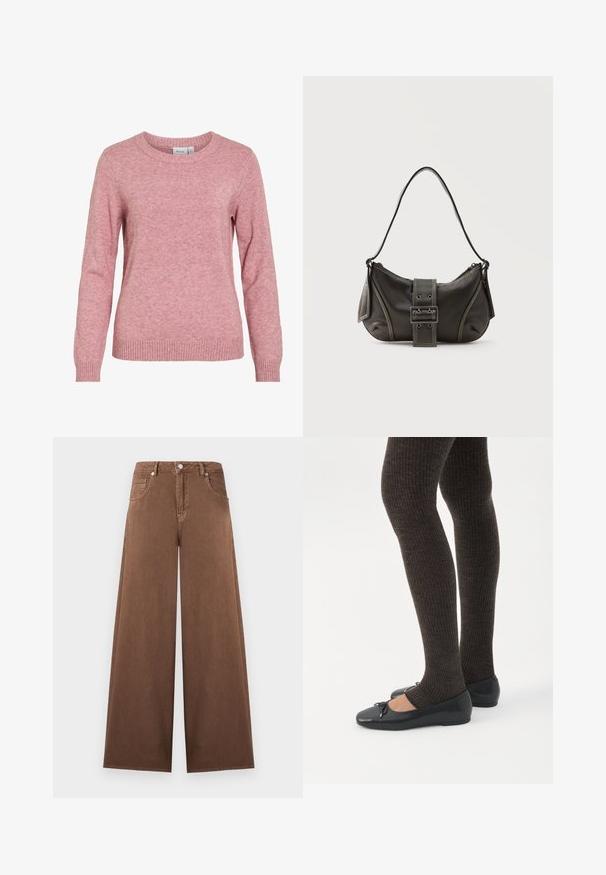 Pull en maille rose doux à manches longues, col rond et poignets et ourlet côtelés, étiqueté avec la marque "VILA" à l'intérieur du col.; Jean en denim marron à jambes larges avec taille haute, fermeture à boutons et fermeture éclair sur le devant, et design à cinq poches.; Jambes portant des leggings côtelés foncés associés à des ballerines noires avec de petits détails en nœud sur fond blanc.; Sac à épaule en cuir noir avec une sangle à boucle, des bords arrondis et des coutures blanches contrastées sur un fond uni.