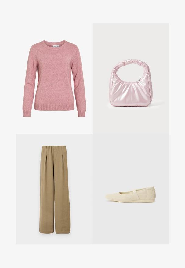 Pull en maille rose doux à manches longues, col rond et poignets et ourlet côtelés, étiqueté avec la marque "VILA" à l'intérieur du col.; Pantalon beige taille haute à jambes larges avec plis et tissu texturé, présenté sur un fond blanc.; Ballerines beiges avec une exterior en cuir lisse, un bout en forme d'amande et une sangle élastique sur le coup de pied, avec des détails de couture subtils.; Sac à main rose rembourré avec un design arrondi, fabriqué à partir d'un matériau brillant. Dispose d'une poignée froncée et d'une fermeture éclair pour un accès sécurisé.