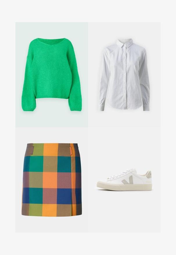 Suéter verde de punto con un corte holgado, escote ancho y mangas largas. La textura es acanalada, con un patrón de punto grueso.; Camisa blanca de botones hecha de algodón suave, con un cuello clásico, mangas largas y un dobladillo curvado. Los botones son pequeños y blancos.; Falda multicolor con un audaz patrón de cuadros que presenta cuadrados naranjas, verdes, azules y marrones. Diseñada con un corte recto y acentos laterales.; Zapatillas blancas de cuero con acentos en gris del logo V, suela de goma texturizada, cordones blancos y lengüeta y collar acolchados.