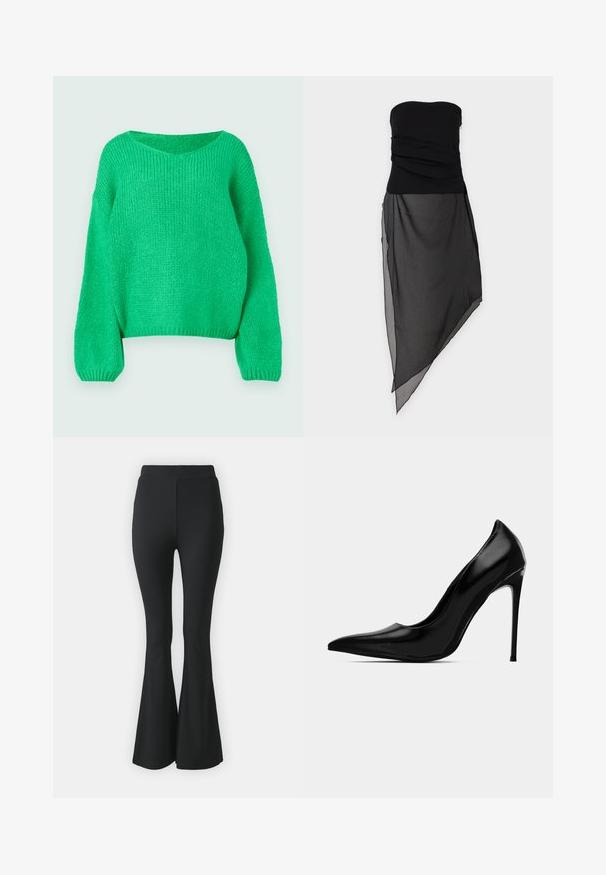 Grøn strikket sweater med løs pasform, bred halsudskæring og lange ærmer. Teksturen er ribbet og har et groft stingmønster.; Sort stropløs kjole med tætsiddende krop og asymmetrisk transparent overlay nederdel mod en ensfarvet lys baggrund.; Sorte buks med flared design lavet af strækbart stof. Har en høj talje og et glat, tætsiddende design, der flared ud fra knæet og ned.; Sort patent læder højhælede sko med spids tå og strømlinet silhuet. Har en høj stilettohæl og en glat, blank overflade.