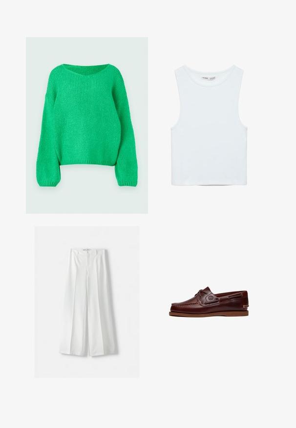 Pull en tricot vert à coupe décontractée, avec un col large et des manches longues. La texture est côtelée, présentant un motif de point épais.; Crop top blanc sans manches avec col rond, en tissu lisse, étiqueté Pull&Bear, adapté pour un usage décontracté.; Pantalons amples blancs avec une taille haute, un pli central et une fermeture à bouton classique. Fabriqués dans un tissu lisse avec un design ajusté.; Chaussure bateau en cuir marron avec lacets, détails de couture et logo Timberland sur le côté, présentée sur un fond blanc.