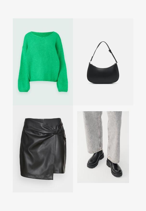 Groene gebreide trui met een losse pasvorm, brede halslijn en lange mouwen. De textuur is geribbeld en heeft een chunky stekenpatroon.; EDITED SAFIA SKIRT - Minirok - black; Vagabond COSMO - Enkellaarsjes met plateauzool - black; Pieces PCALUANA SHOULDER BAG - Handtas - black