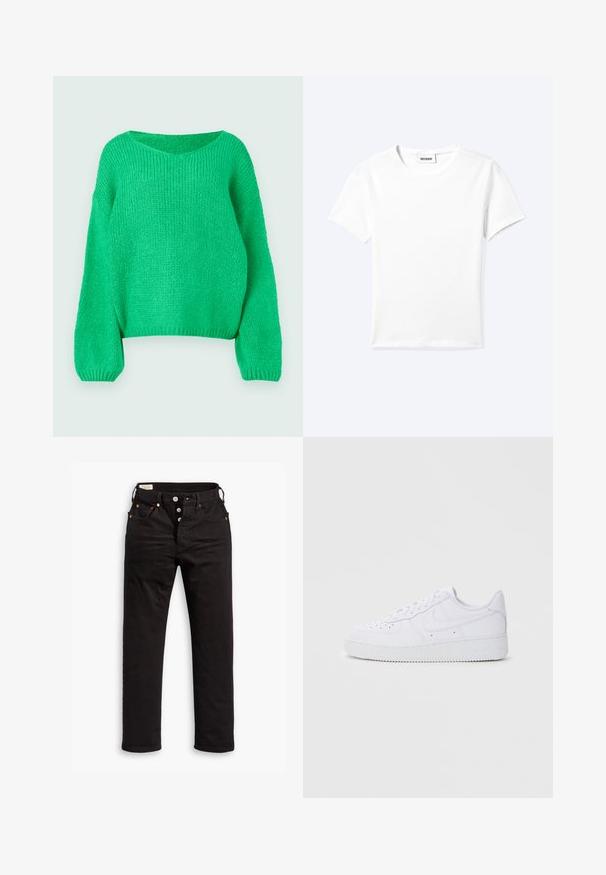Grøn strikket sweater med løs pasform, bred halsudskæring og lange ærmer. Teksturen er ribbet og har et groft stingmønster.; Ensfarvet hvid t-shirt med korte ærmer og rund halsudskæring med en lille "WEEKDAY" label indeni halskanten, vist fladt på en lys baggrund.; Sorte lige jeans med knaplukning, front- og baglommer samt kobbernitte detaljer på en hvid baggrund.; Hvide Nike Air Force 1 sneakers med læderoverdel, rund tå, snørelukning, polstret krave og struktureret gummisål.