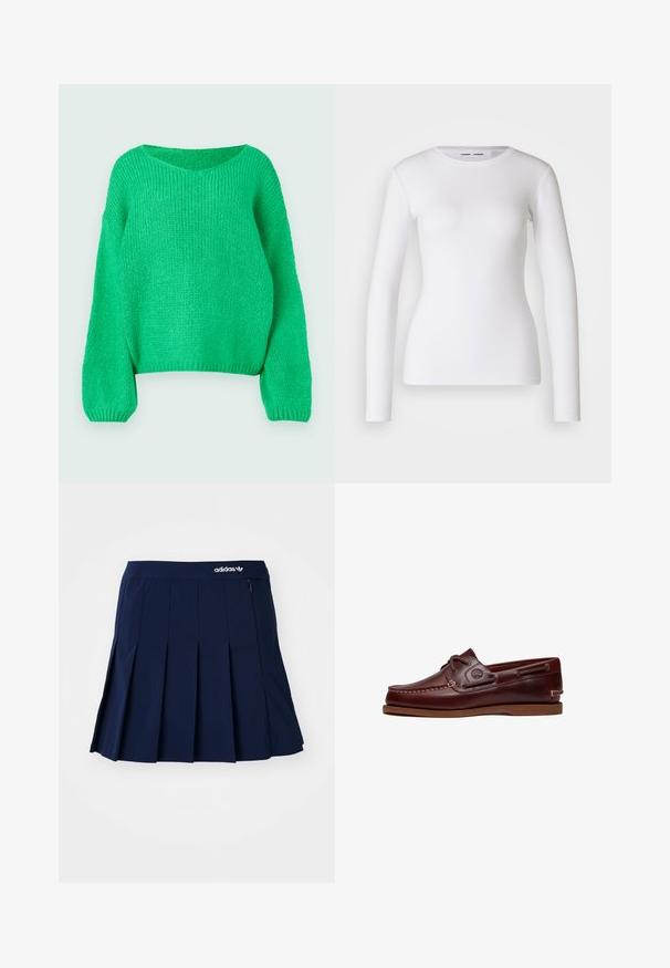 Groene gebreide trui met een losse pasvorm, brede halslijn en lange mouwen. De textuur is geribbeld en heeft een chunky stekenpatroon.; Witte longsleeve shirt van ribstof, met een ronde halslijn en een getailleerde vorm. Er zijn geen patronen of accenten aanwezig.; Marineblauwe plooienrok van lichtgewicht stof; heeft een elastische tailleband en een klein zipvak, met een wit Adidas-logo op de voorkant.; Bruine leren boot schoen met veters, stiksel details en Timberland-logo aan de zijkant, weergegeven op een witte achtergrond.