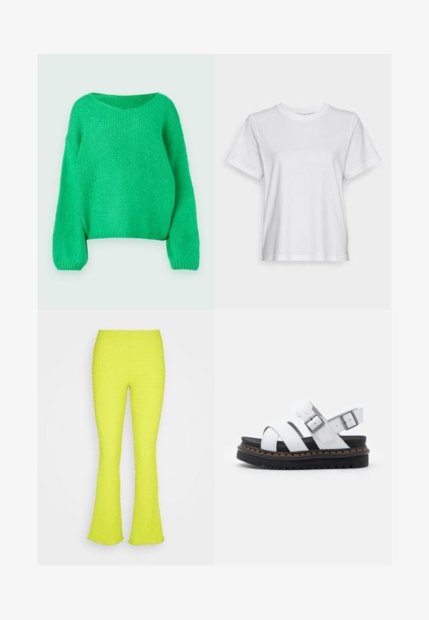 Pull en tricot vert à coupe décontractée, avec un col large et des manches longues. La texture est côtelée, présentant un motif de point épais.; T-shirt en coton blanc à manches courtes, col rond et coupe décontractée. Texture lisse, sans motifs ni graphiques, design basique.; Even&Odd by Zalando Pantalon classique - green; Sandales en cuir blanc avec des sangles réglables à boucle, semelle en noir superposée et détail de couture orange le long du bord.