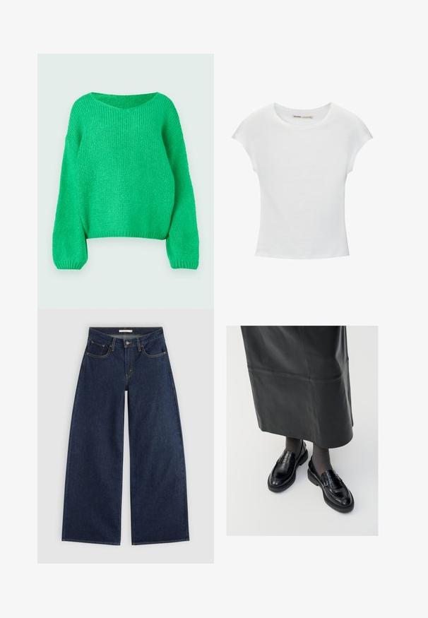 Groene gebreide trui met een losse pasvorm, brede halslijn en lange mouwen. De textuur is geribbeld en heeft een chunky stekenpatroon.; Witte katoenen T-shirt met korte, opgerolde mouwen, een ronde halslijn en een rechte zoom. Gladde textuur zonder zichtbare patronen of accenten.; Donkerblauwe wijde spijkerbroek met voorzakken, riemlussen en knoopsluiting, plat gelegd op een lichte achtergrond.; Zwarte leren loafers met een gladde afwerking, voorzien van een decoratieve band, ronde neus en gestructureerde zool. Draagt met een lange zwarte leren rok.
