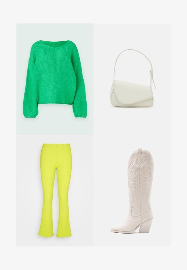 Groene gebreide trui met een losse pasvorm, brede halslijn en lange mouwen. De textuur is geribbeld en heeft een chunky stekenpatroon.; Even&Odd Broek - green; Witte leren cowboylaars met een spitse neus en een vierkante hak. Heeft ingewikkelde stikpatronen op de schacht en een soepele textuur.; Witte nepleren handtas met een gestructureerde driehoekige vorm, een enkele verstelbare schouderriem en een klep met ronde accenten.