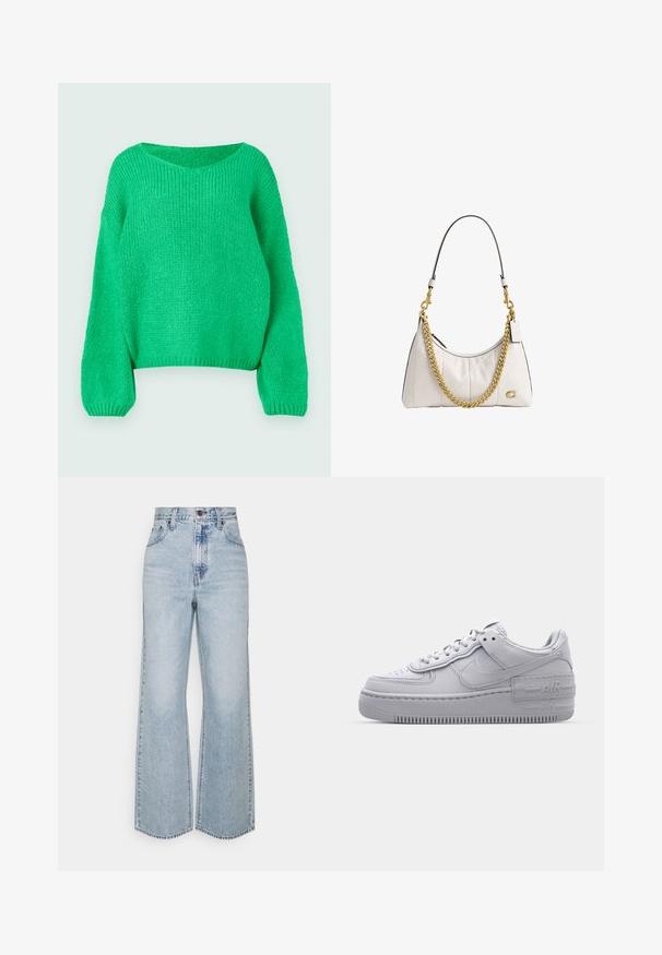 Grøn strikket sweater med løs pasform, bred halsudskæring og lange ærmer. Teksturen er ribbet og har et groft stingmønster.; Lysblå denim brede ben jeans med høj talje, klassisk fem-lomme design og kontrasterende syninger. Uslebne kanter i bunden.; Grå Nike Air Force 1 sneakers med perforeret tå, glat læderoverdel, tyk sål og præget 'AIR' detalje på hælen.; Hvid læderhåndtaske med guldkæde og sort rem, med et quiltet mønster og et lille guld logoemblem på fronten.
