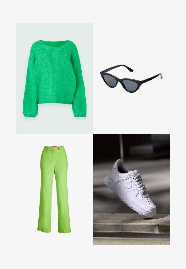 Groene gebreide trui met een losse pasvorm, brede halslijn en lange mouwen. De textuur is geribbeld en heeft een chunky stekenpatroon.; JJXX JXMARY HW PANT - Broek - green flash; Witte Nike Air Force 1 sneaker die zweeft boven een betonnen oppervlak met schaduwen in een minimalistische setting.; Zwarte cat-eye zonnebril met donkergrijze lenzen, slank plastic frame, puntige hoeken en rechte pootjes. Geen zichtbare hardware of accenten.