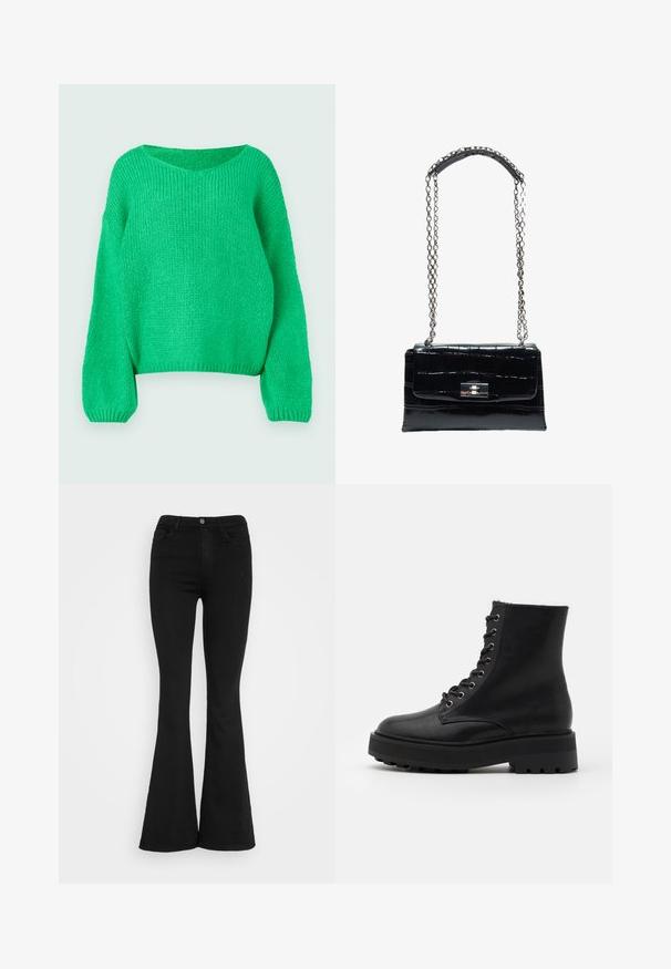 Pull en tricot vert à coupe décontractée, avec un col large et des manches longues. La texture est côtelée, présentant un motif de point épais.; Jean flare noir taille haute avec bouton et fermeture éclair à l'avant, deux poches avant et passants de ceinture sur fond blanc.; Bottes noires en cuir jusqu'à la cheville avec un bout rond, une tige texturée, des œillets en métal et une semelle en caoutchouc épaisse et robuste. Présente un design à lacets.; Sac à main en cuir noir à texture crocodile avec fermoir à verrou argenté et longue chaîne argentée avec patte d'épaule en cuir.