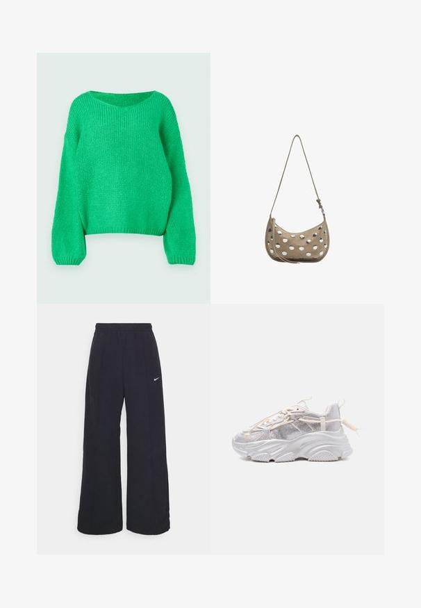Grøn strikket sweater med løs pasform, bred halsudskæring og lange ærmer. Teksturen er ribbet og har et groft stingmønster.; Sorte brede bukser med elastisk talje og et lille hvidt Nike-logo. Stoffet har en glat tekstur, designet til komfort og afslappet brug.; Kraftig hvid sneaker med meshpaneler, tyk tekstureret sål, elastiske snørebånd med løkker og en træktab ved hælen vist i sideprofil.; Beige skuldertaske i halvmåneform med justerbar rem, dekoreret med jævnt fordelte store sølvfarvede metalnitter på forsiden og siderne.