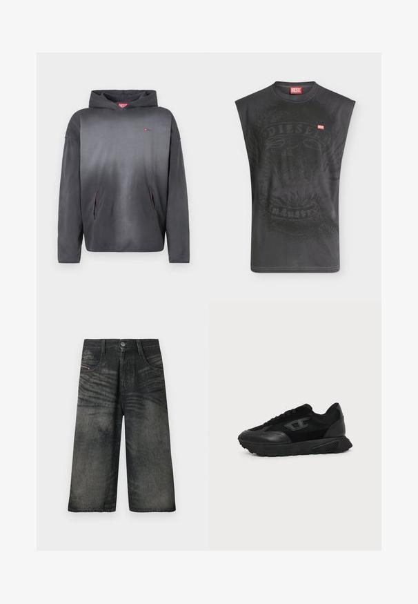 Sudadera con capucha de color gris oscuro con un pequeño logo rojo en el pecho y dos bolsillos delanteros, mostrada sobre un fondo blanco.; Camiseta sin mangas negra de Diesel con un sutil gráfico de águila y un pequeño parche rojo con el logo de Diesel en el pecho.; Pantalones cortos de mezclilla negros de pierna ancha con botón frontal, cremallera, presillas para cinturón y detalles con textura descolorida.; Zapatilla negra de corte bajo con suela texturizada, parte superior de malla y cuero, cierre de cordones en la parte delantera y un pequeño logo en relieve en el panel lateral.